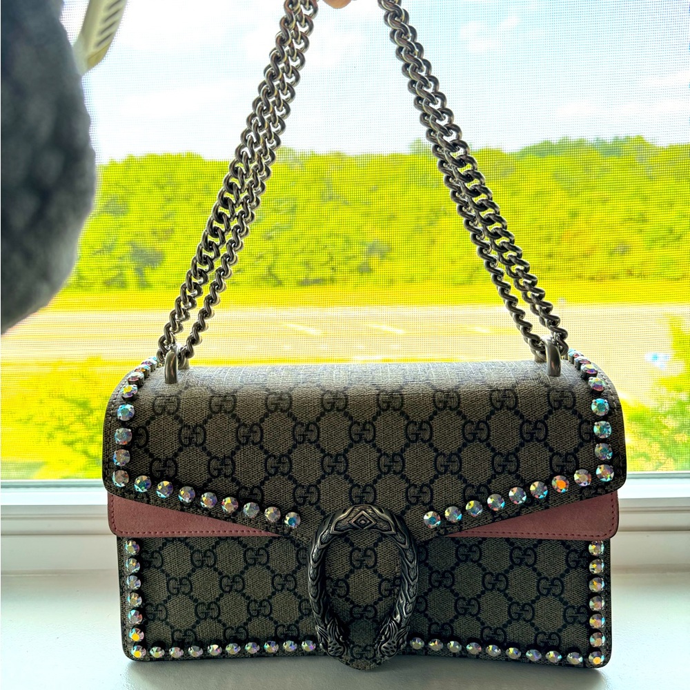 Gucci: Pink Original GG Supreme Crystal Embellished Dionysus Shoulder Bag